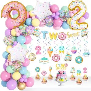 145Pcs Two Sweet Birthday Decorations, Donut Birthday Party Supplies for Girls Two Sweet Banner Donut Balloon Garland Kit Cake Topper Swirls for Ice Cream Baby Second 2nd Birthday Party Decor Backdrop Photo