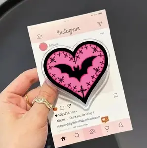 Cute Pink Bat Heart MagSafe Phone Grip, Horror Aesthetic Magnetic Phone Holder, Kawaii Scary Fan Gift , Kindle Accessories sticky Baby mount Library Card Flower-Shaped Multi-Functional Stand Universal Car Spooky Adjustable