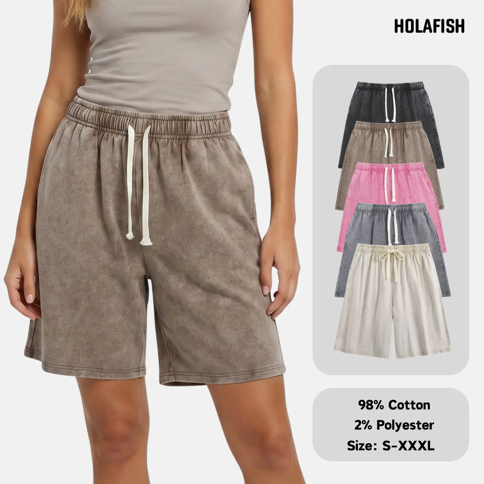 Holafish Unisex Acid Wash Casual Shorts, Relaxed Fit Elastic Waist Drawstring Shorts with Pockets