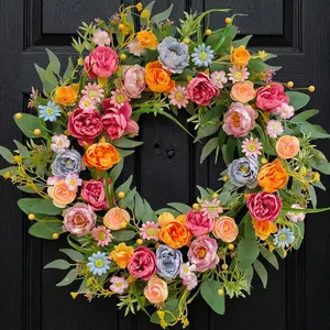Egolot 22 Inch Spring Summer Penoy Wreath for Front Door Colorful Wildflowers Floral Eucalyptus Wreath for Indoor Outdoor All Seasons Everyday Wreaths for Front Door  door Outdoor All Seasons Everyday Wreaths for Front Door Outside Decorative