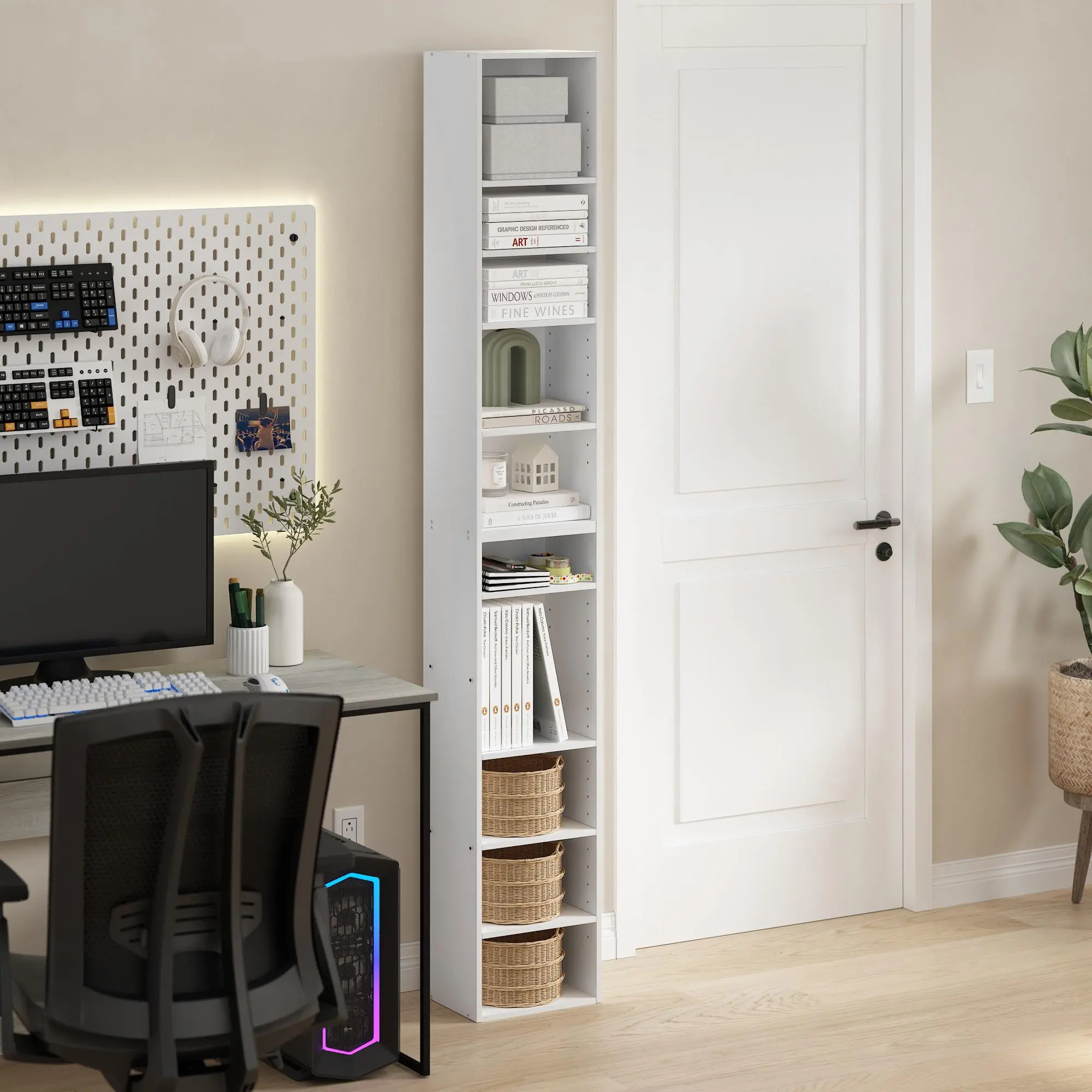 PASIR Freestanding 10-Tier Open Bookshelf Rack - CARB & PEFC-Certified Composite Wood, 9.25d x 11.81w x 78.74h In, Contemporary Tall Structure, Adjustable Shelves, White Indoor Furniture for Living Room & Home Office