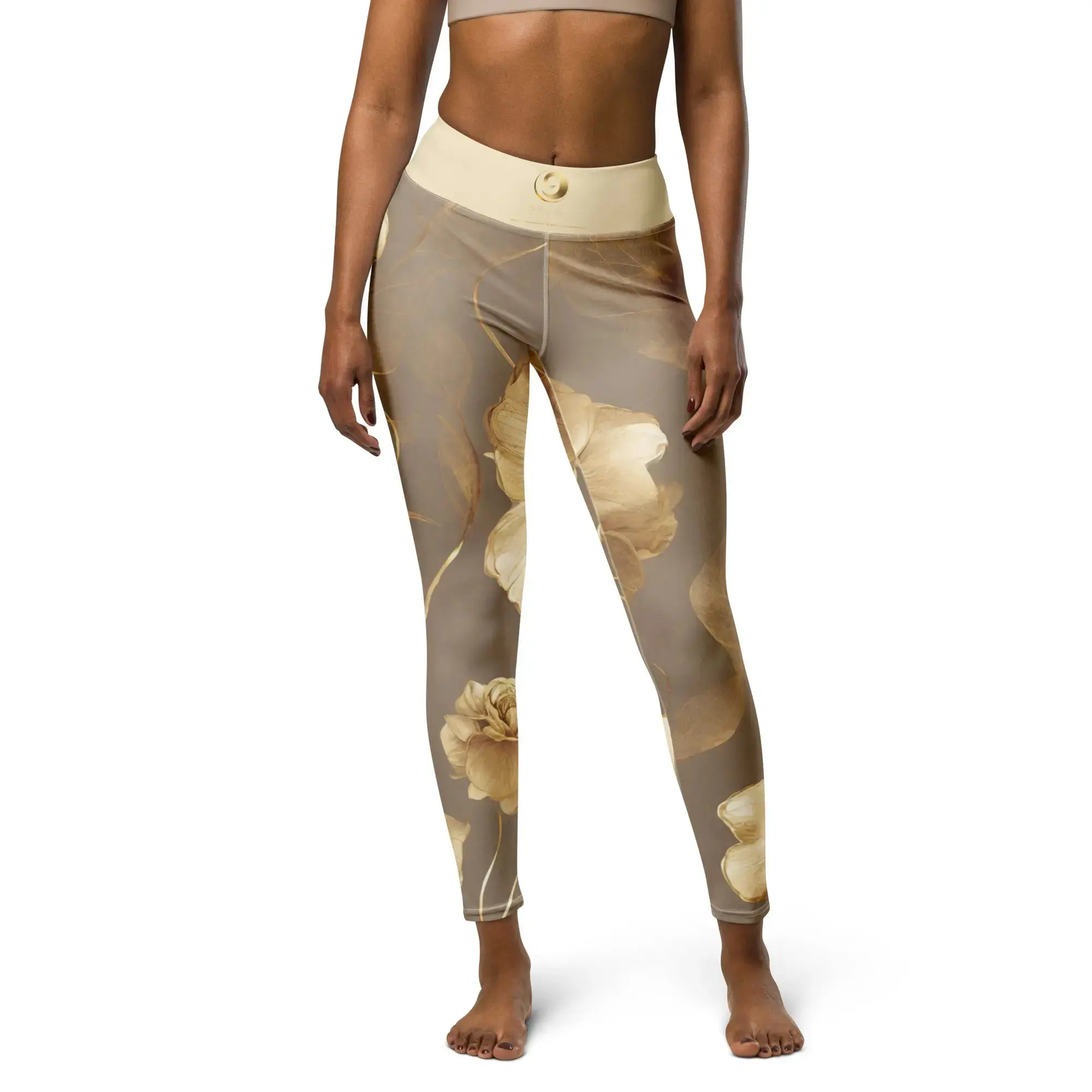 Elegant Gold Flowers Trimmed in Gold Chaitanya Abara Yoga Leggings