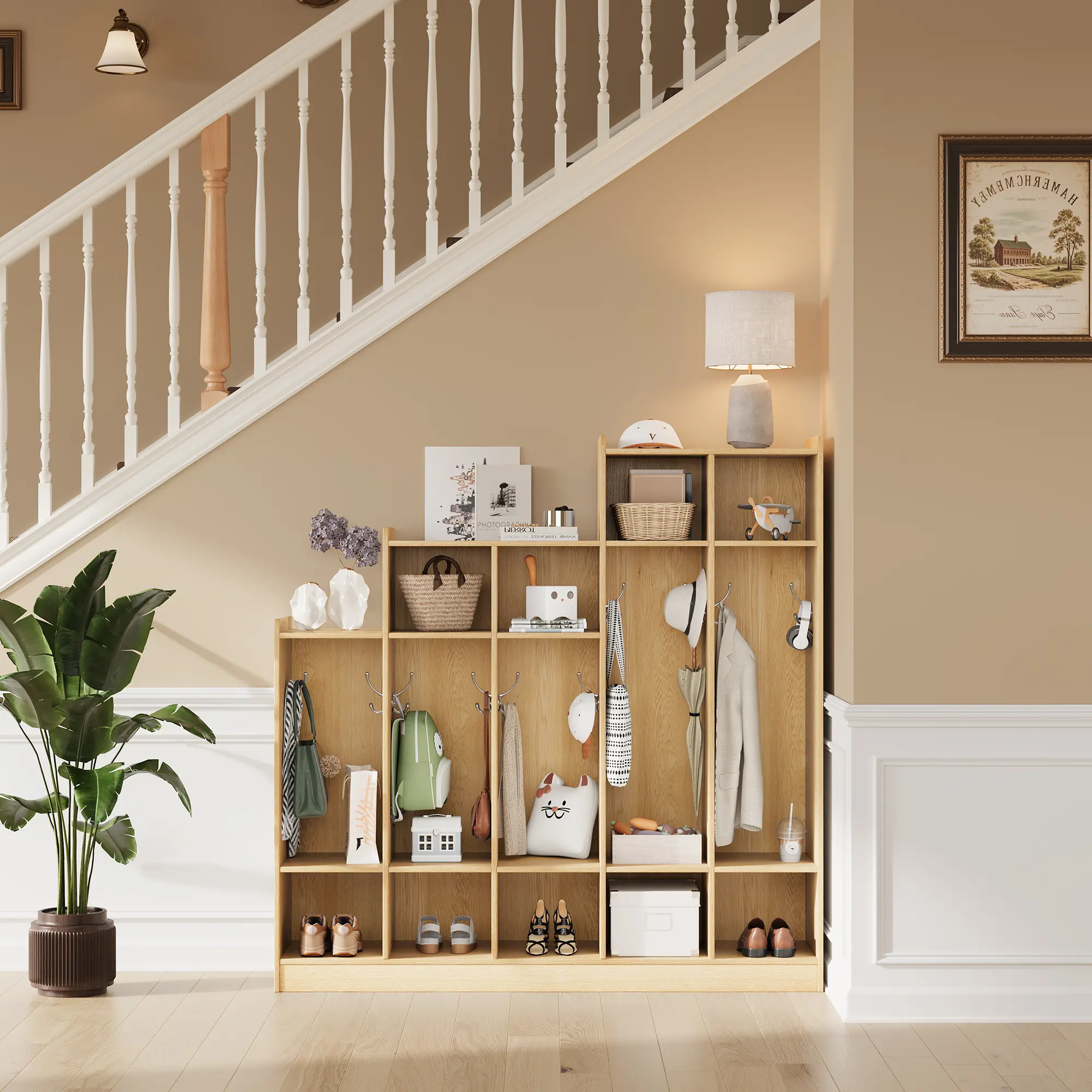 Kids Storage Organizer Cabinet - 5-Tier Step Design, 10 Hooks, 5 Shelves, Top Cubbies, Rounded Edges, Plywood, 47.6" W x 11.9" D x 47.6" H, Assembly Required - Ideal for Study Areas, Entryway
