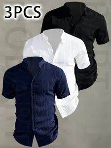 3pcs Men's Summer Short Sleeve Shirt - Lightweight Breathable Plain Solid Color Button-Up Casual Shirt with Stand Collar, Low-cut collar designr Beach Vacation, Pool Party & Casual Attire, Beach Shirt, gift for husband, Menswear