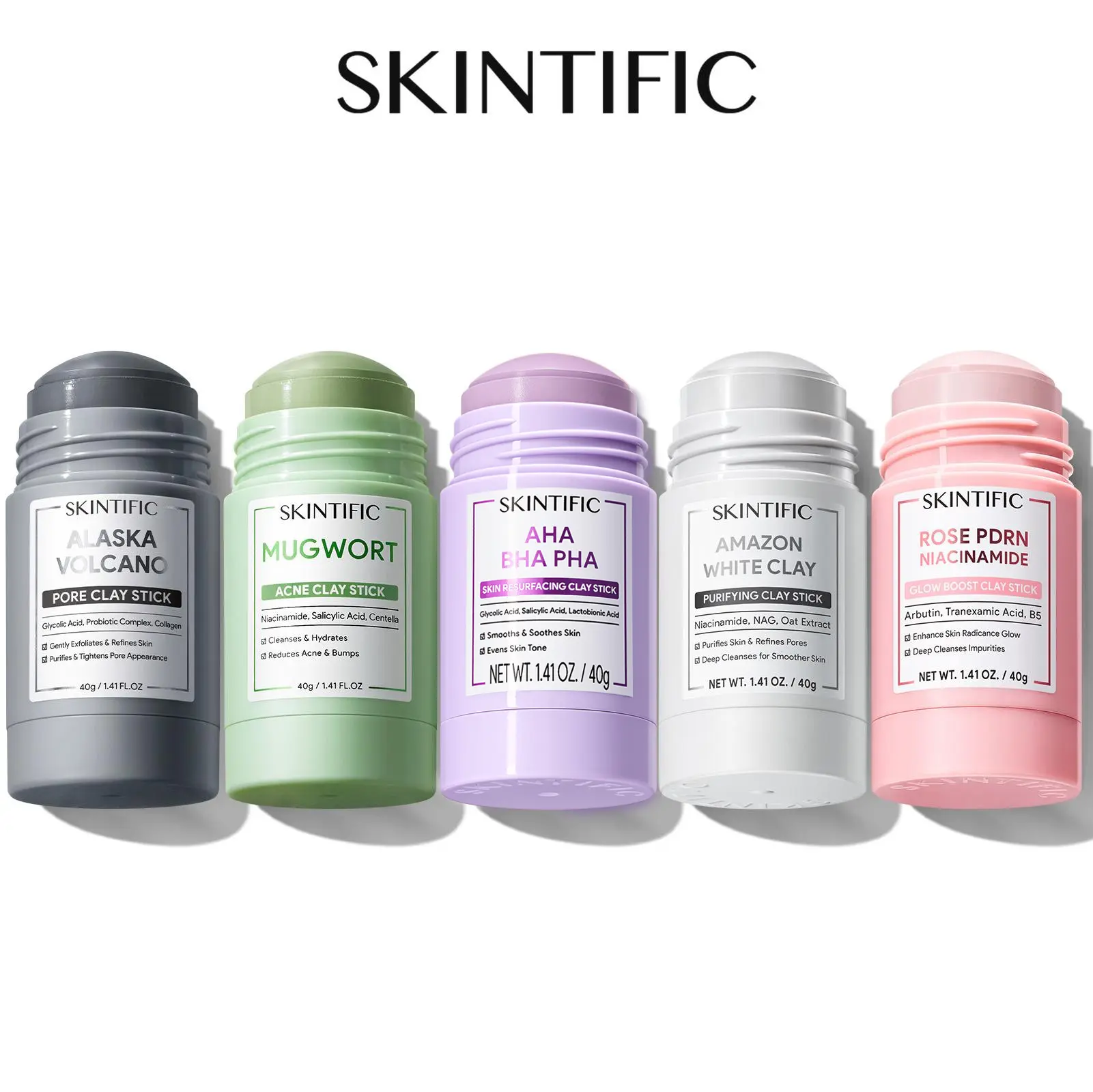 SKINTIFIC Clay Stick Collection 5 Masks for Every Skin Concern - Alaska Volcano Clay Stick / Mugwort Anti Pores & Acne Clay Stick / Skin Resurfacing Clay Stick / Amazon White purifying Clay Stick / PDRN Rose Clay Stick