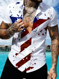 American Flag Pattern Short Sleeve Shirt, Casual Party Shirt, Men's Trendy Print Lapel Collared Casual Top, Summer New Fashion Item, Menswear