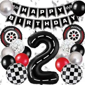 Race  Birthday Party Decorations, with 40 Inch Racetrack Black Number 2 Balloon, Happy Birthday Banner and Foil Tire Balloon for 2nd Racing Theme Birthday Party Decor
