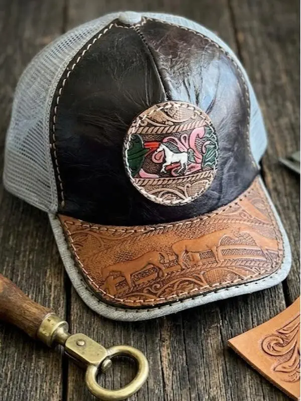 Handmade | Hand Tooled | 100% Genuine Colombian Leather Trucker Style Hat