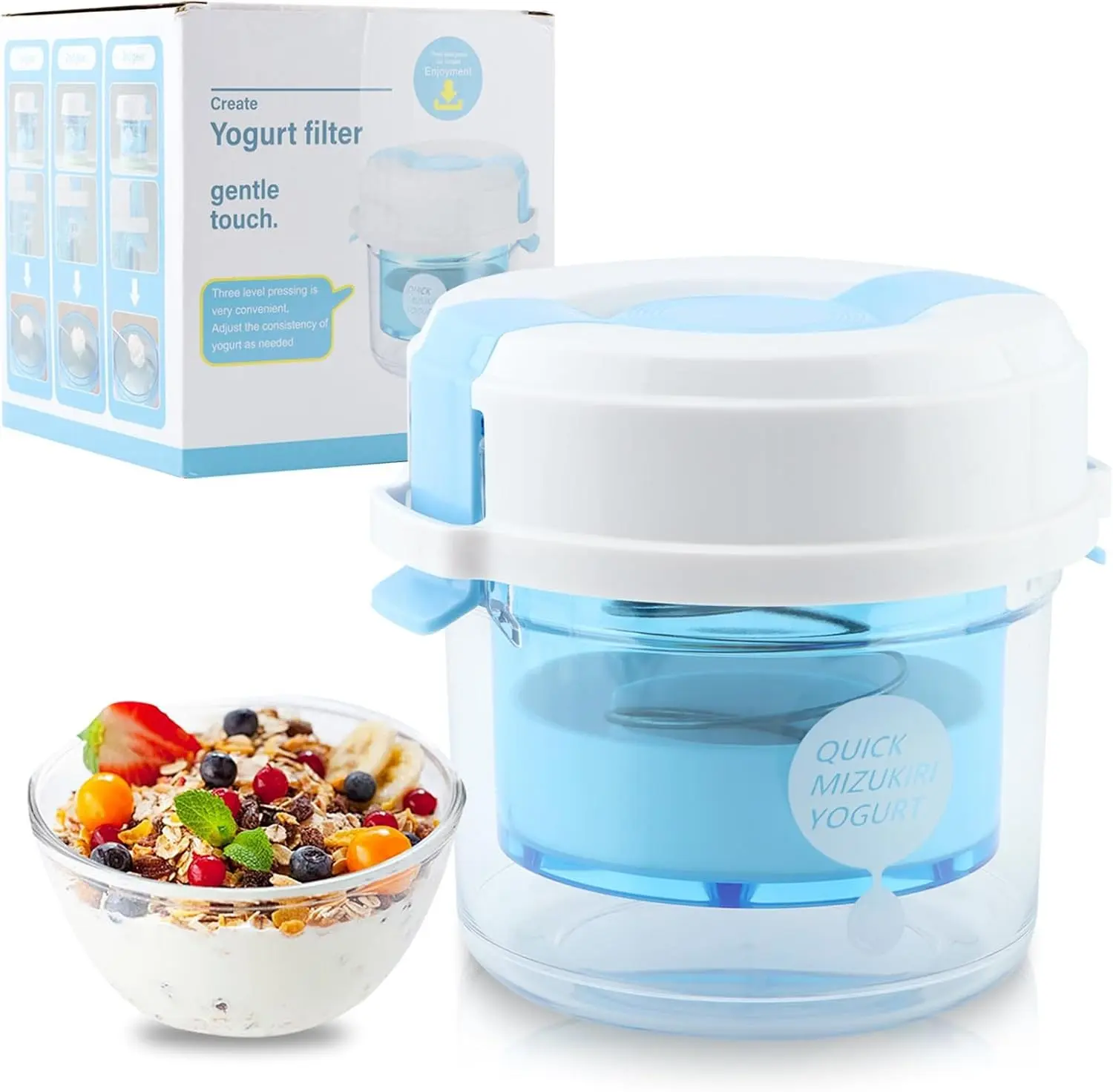 Greek Yogurt Strainer with Lid, 3-Level Adjustable Pressure & 225-Micron Ultra-Fine Mesh, Yogurt Maker for Thick Creamy Homemade Greek Yogurt, Dry Yogurt, Holds Up to 450g