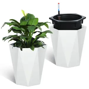 GARVEE 16 Inch Tall Planters Set of 2, Large Flower Pot Outdoor and Indoor, with 2 Trays and a Water Level Monitor and Wheels for Patio, Porch, Living Room, or Home Office, White