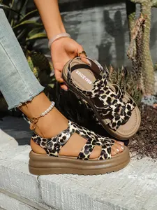 Women's Fashion Leopard Print Chunky Sole Flatform Sandals, Thick Soled Sandals, Adjustable Platform Shoes, Casual Summer Footwear, Lightweight Breathable Comfort