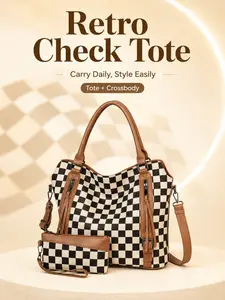 1pc Retro Checkered Tote Bag Set with Matching Wristlet, Large Capacity Shoulder & Crossbody Bag, Casual Vintage Checkerboard Handbag for Travel, Work, School, Shopping, Daily Use & Stylish Gift Giving, Everyday Shoulder Bag