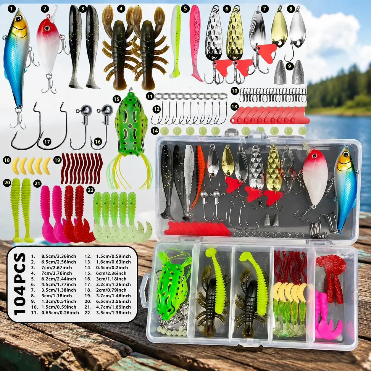 104PCS Fishing Tackle Kit with Sturdy Storage Box, Fresh-Water Multipurpose Set Including Hard Baits, Soft Worms, Frog Lures, Spoon Baits and Complete Fishing Gear Accessories