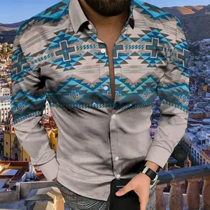 zhangwuMen's fashion  leisure lapel button  Aztec national printing long sleeve  men's club cardigan Jeans Top shirt Casual Blazer Classic Menswear