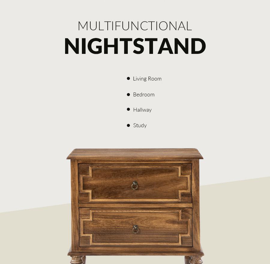 Hulala Joah 28"Tall Farmhouse 2-Drawer End Table with Built-in Charging, Farmhouse and Transitional Styles, Rustic Elegance, Convenient Charging Station, Round Ring Pulls, Spindle Legs with Cushioned Feet, Solid Wood Construction