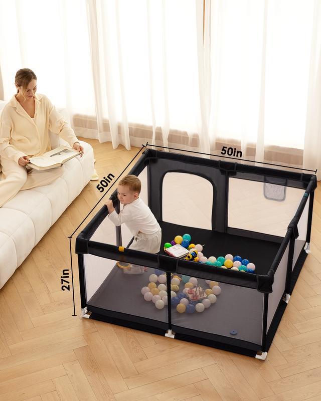 Dearlomum 50"x50"/71"x59" Extra Large Baby Playpen for Babies & Toddlers Safe Activity Center with Soft Play Fence Indoor Safety Yard Easy to Assemble Clean Nonremovable Waterproof Thick Mat  Black/Gray