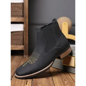 Men's Black Embroidered Chelsea Boots, Western Cowboy Style, Elastic Side Panel, Non-Slip Block Heel, Retro Work Boots for American Cowboy & Urban Style