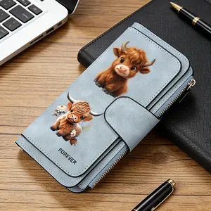 1pc Cute Brown Highland Cowpattern women's long wallet, multi-functional wallet, portable snap coin purse, birthday gift and daily commuting essential, perfect holiday gift, suitable for outdoor, travel and family use, 3.30CYJ-3