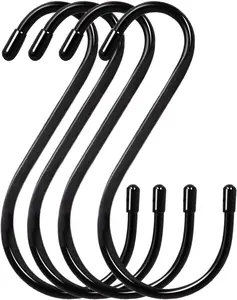 6 Inch S Hooks 4-Pack Large Closet S Hooks for Hanging Plants, Jeans, Pans, Black, Vinyl Coated Steel Metal Rubber Rysnirs