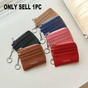 1pc Minimalist Card Holder, Slim Multi-Card Slots Wallet with Silver Keychain, Unisex Portable ID Card Organizer, Zipper Mini Coin Purse for Daily Use