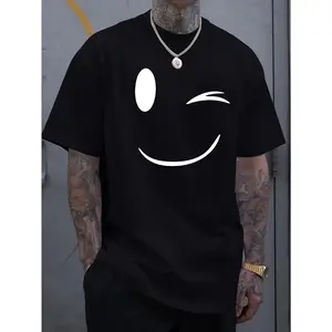 Men's Royal Blue Casual Summer T-Shirt with joyful Face Graphic, Street Style Stretch Round Neck Tee, Machine Washable, Lightweight & Comfortable Fit