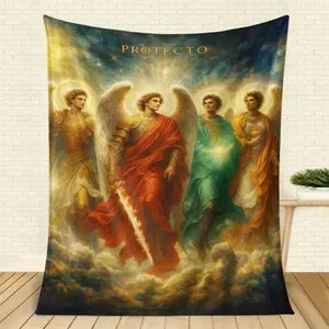 Four Archangels Flannel Blanket – Michael, Gabriel, Raphael & Uriel, Golden Religious Design   Soft Funny Throw Blanket Cozy Lightweight Plush Portable Cover Blanket For Sofa,Warm Gift For Birthday,Christmas,Multiple Blanket