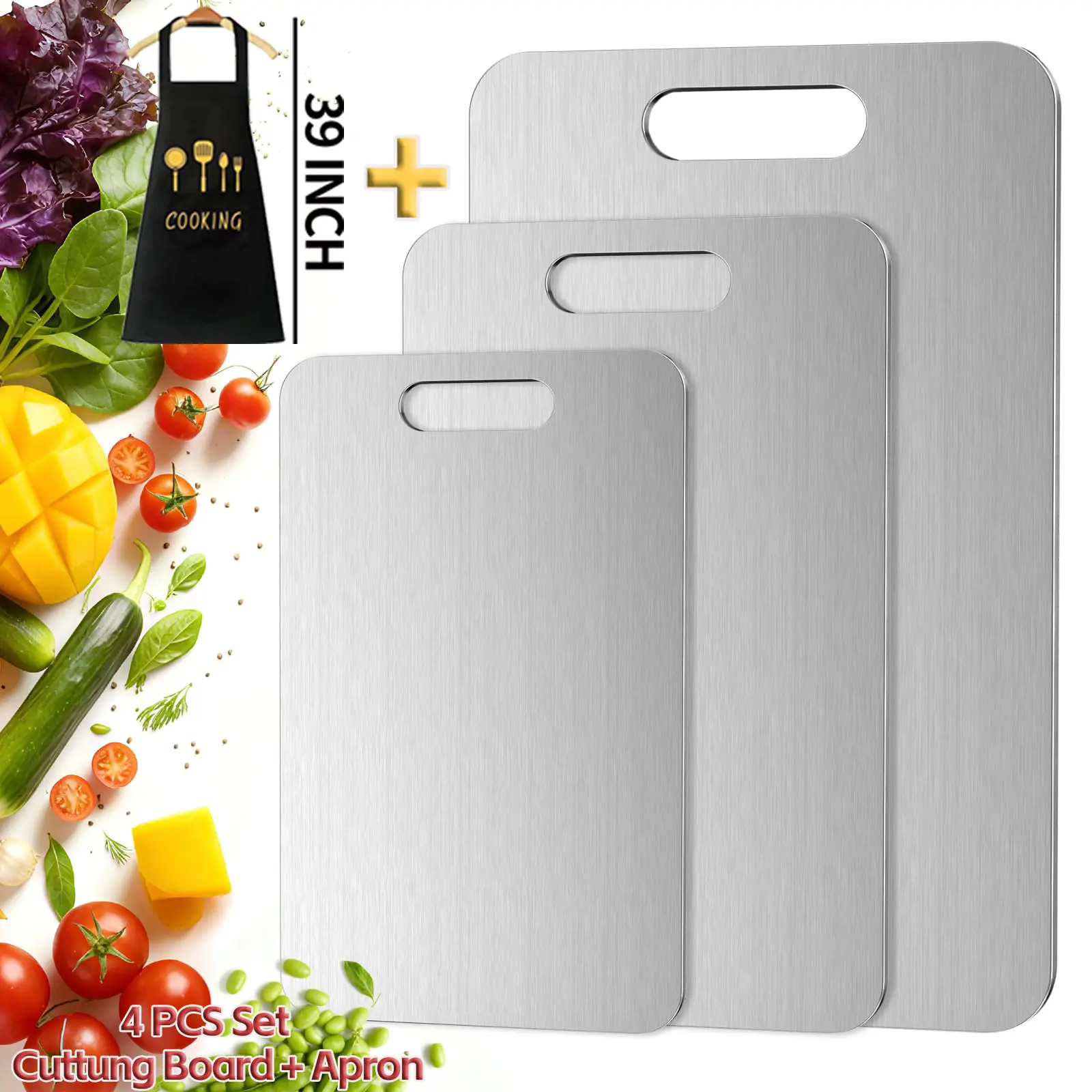 4 PCS Kitchen Stainless Steel Cutting Board Apron Set, Upgraded Food-Grade Cutting Boards for Kitchen, Kitchen Tool Set, Cutting Boards for Kitchen, Dishwasher Safe And Knife Friendly Chopping Board for Meat Vegetable Fruit