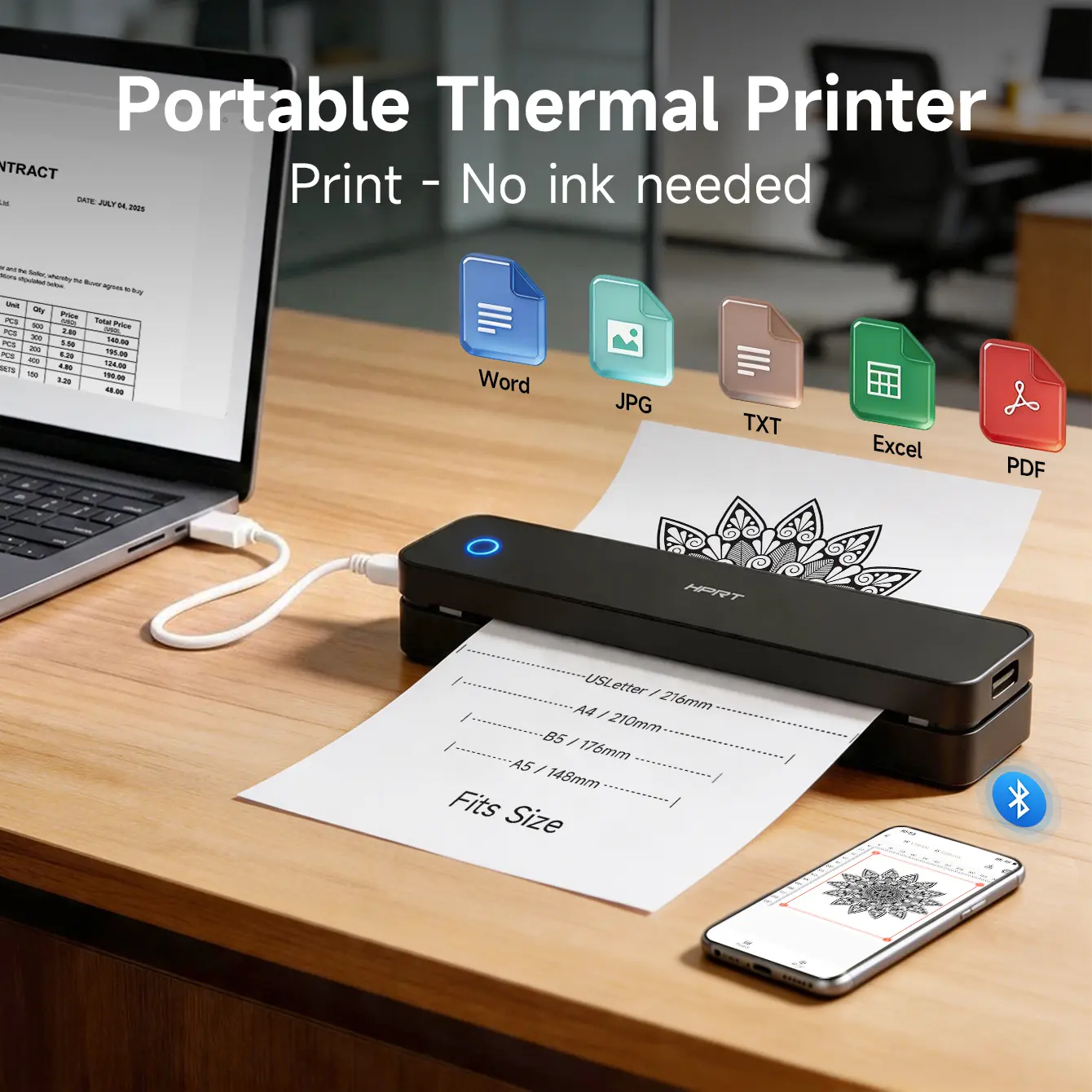 Inkless Thermal Printer, Portable Wireless Printer for US Letter & A4 Paper, Bluetooth Mobile Printer Compatible with iPhone Android & PC, Ideal for Travel, Office & Trucking