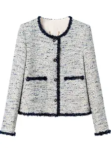 Elegant French Style Tweed Jacket with Round Neck, Chic Single-Breasted Color Block Top, Fashionable Women's Outerwear for Upscale Events 25169