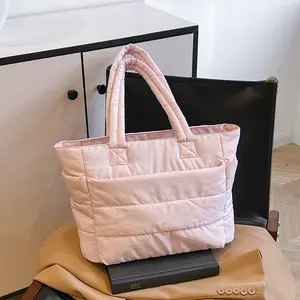 Cozy Blush Pink Cloud Tote Bag, Lightweight Quilted Padded Shoulder Handbag With Soft Fabric, Spacious Compartment For Everyday Use, Work Commute, Weekend Trips And Travel Essentials