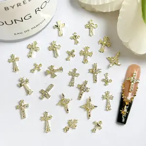 50PCS Y2K Gold Cross Series Nail Charms 3D Light Luxury Glossy Alloy Cross Decor DIY French Style Press on Nails Rhinestone Decorations