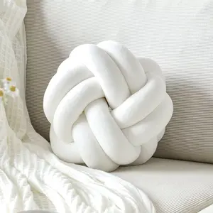 Soft Home Decorative Round Knot Ball Throw Pillow, Handmade Knotted Cushion 8 Inch White for Bedroom Sofa Couch Modern Home Decor