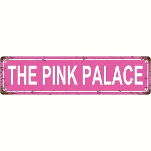 1pc"THE PINK PALACE" Vintage Metal Street Sign - 16x4 Inch Rustic Distressed Pink Wall Art for Bar, Cafe & Feminine Spaces| Retro Tin Sign with Pre-Drilled Holes, Perfect for Home, Salon & Girls' Room Decor