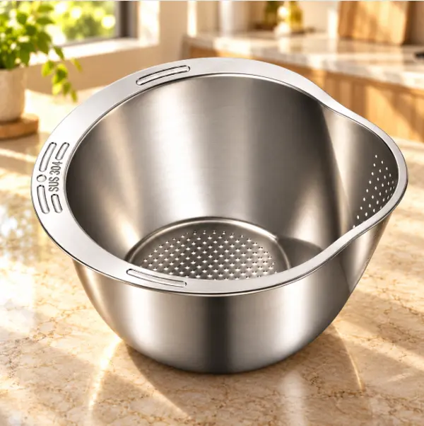 1PC Sturdy Stainless Steel Rice Washing Bowl with Strainer - Draining Colander Basket, Multifunctional Kitchen Utensil Organiser for Rice/Fruits/Vegetables, Compact Space-Saving Sieve for Home Cooking Prep