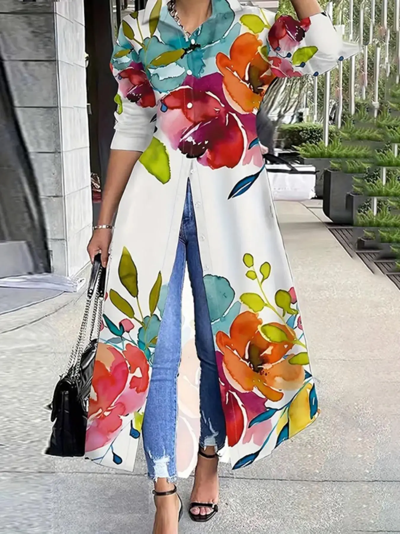 Women's Floral Print Button Front Shirt Dress Loose Fit, Casual Long Sleeve Dress for Spring & Fall, Ladies Clothes for Daily Wear