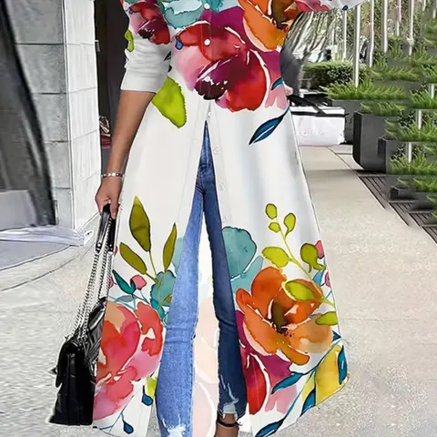 Women's Floral Print Button Front Shirt Dress Loose Fit, Boho Style Dress, Casual Long Sleeve Dress for Spring & Fall, Ladies Clothes for Daily Wear, Casual Boho Fashion