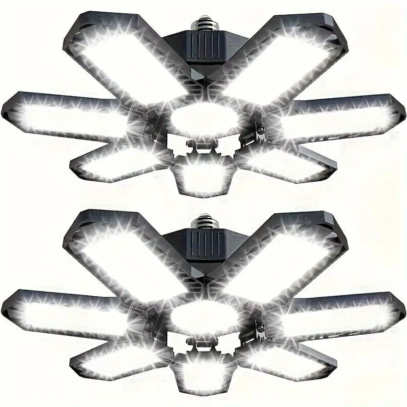 2PACK Ultra-Bright 6500K LED Garage Lights with 7+1 Adjustable Panels Quick Installation E26/E27 Base Foldable for Basements Warehouses Storage Rooms Continuous Lighting Kit Annular Umbrella Bulb 23cm*23cm