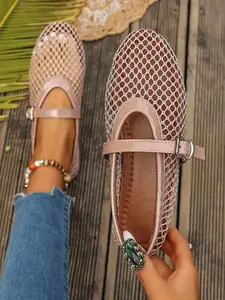 Women's Mary Jane Flat Shoes, Mesh PU Material, Buckle Design, Breathable Hollow Out, Retro Casual Style, Daily Wear