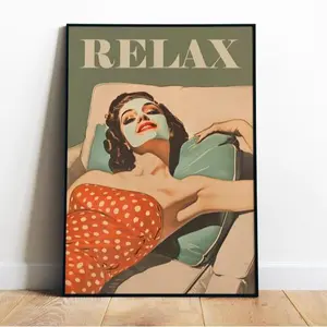 Relax Poster Printable Beauty Salon Wall Art Spa Art Print Retro Housewife Posters Digital Esthetician Decor Facials Poster Boho Spa Decor Poster ( PRODUCT DOES NOT INCLUDE FRAME )