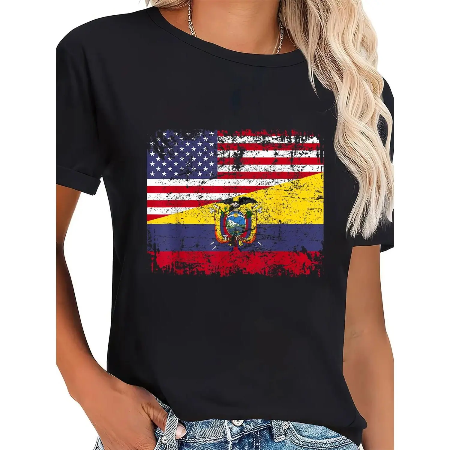 100 Percent Cotton Ecuadorian Roots Cotton T-shirt with Half American Flag and USA Ecuador Flag Design