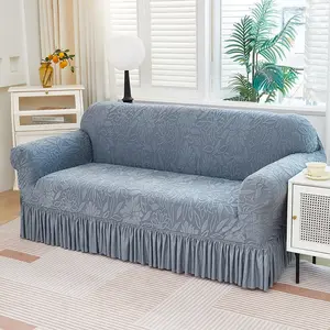1pc Solid Color Fleece Jacquard Elastic Sofa Cover with Skirt Edge, Anti-Slip Dust Protector for 1 to 4 Seater Sofas, Sofa Couch Covers, All Seasons and Easy to Clean