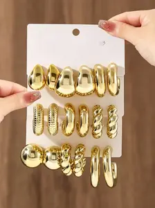 18 Pairs Geometric Circle Earrings Set, Thick Gold Plated Vintage Simple Smooth Round Earrings, Bohemian Style Jewelry Gift