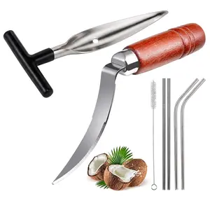 Coconut Opener Tools Set, Stainless Steel Coconut Puncher with Straws & Brush, Wooden Handle Coconut Meat Remover for Green Young Coconut
