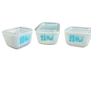 Pyrex 6 Vintage Amish Butterprint Blue Turquoise Refrigerator Dish Set with Rooster Design for Retro Kitchen Decor