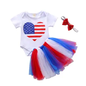 4th of July Baby Girl Clothes Newborn Patriotic Outfits Short Sleeve Heart Romper + Tutu Tulle Skirt + Headband Set 0-18M
