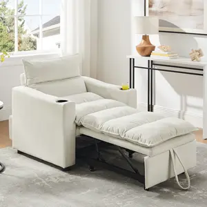 Sleeper Sofa Chair Bed 3-in-1 Convertible Pullout Sofa Bed with Adjustable Backrest Modern Velvet Fabric Living Room Apartment Small Space Guest Bed Beige, Living Room Furniture for Apartment, Lounge, Family Room, Office and Home Seating