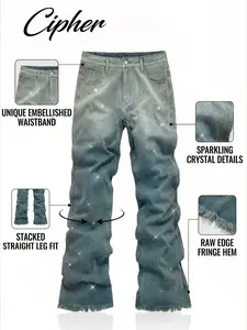 American Street Style Relaxed Fit Gradient Full Rhinestone Jeans, Washed Frayed Edge Long Pants, European Gen Z High Street Fashion Essential