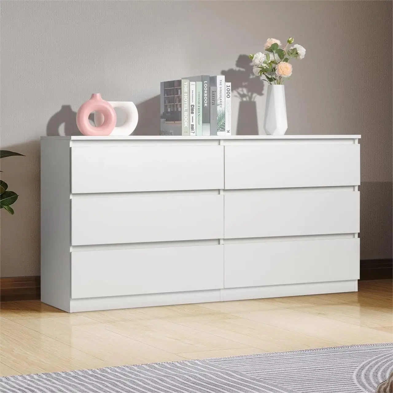 Karlhome Dresser for Bedroom,55'' Modern Large 6 Drawer Dresser with Deep Drawer,Wide Storage Chest of Drawers,Wood Bedroom Storage Organizer Furnitur