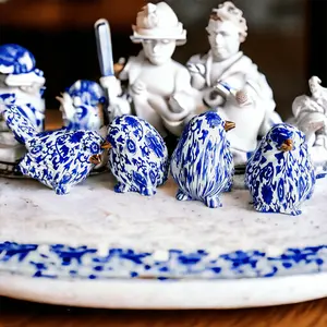 Chinoiserie Bird Sculptures 24 Resin Birds with Blue Floral Pattern for Home Decor 1 1/4" W x 2 1/2" D x 2" H Versatile Display Options Ornaments