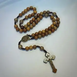 Our Lady of Grace Rosary | Wooden Bead Catholic Rosary | Antique Gold Marian Rosary | Prayer Beads with Miraculous Medal Centerpiece